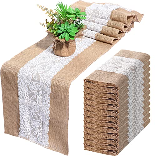 12 Pcs Burlap Table Runners with White Lace Rustic Wedding Table Runner Decor Vintage Romantic Table Cloth Party Favors for Engagement Birthday Hotel Home Table Decor 12 x 108 Inch (Stylish Style)