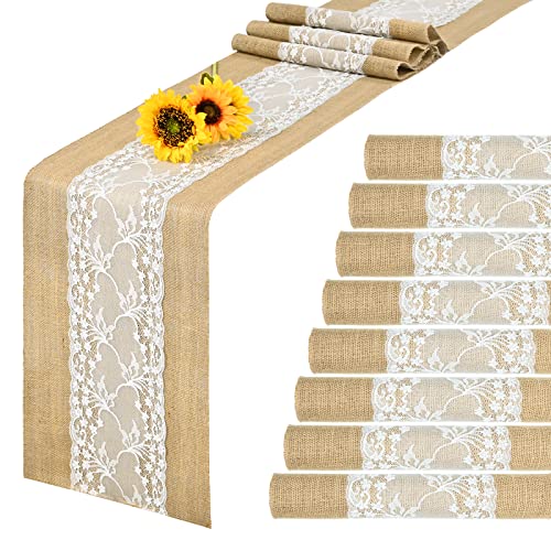 8 Pack Burlap Table Runner 12 x 108 inch Farmhouse Style Rustic Natural Jute Hessian Table Runner for Wedding Table DecorationBurlap Lace Table Runner for PartiesThanksgiving