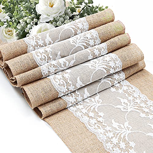 Burlap Table Runner with Lace 5pcs Rustic Natural Jute Hessian Table Cloth Farmhouse Style for Thanksgiving Christmas Wedding Party Decoration Table Decoration Khaki and White12x108inch