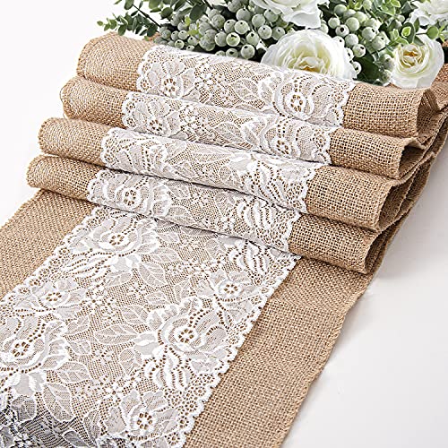 Burlap Table Runner with Lace Bulk 5pcs Rustic Natural Jute Hessian Table Runnner Farmhouse Style for Thanksgiving Christmas Wedding Party Decoration Table Decoration Lace and White 1272inch