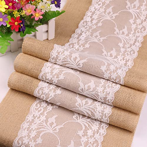 CoFashion Burlap Table Runner Lace Hessian Table Runner 108 inches Long Natural Jute Table Runners for Easter Farmhouse Style for Wedding Table Party Decorations Rustic Table Runners for Dining Table