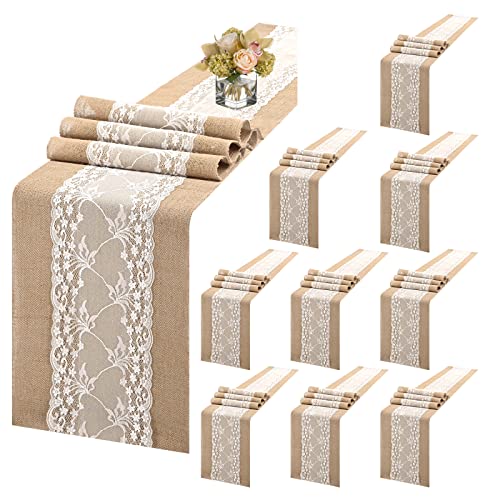 Lykoow 10 Pack Burlap Table Runner with Lace 12X108 Inch Vintage Embroidered Natural Jute Hessian Table Cloth Farmhouse Burlap Lace Table Runner for Wedding Party Decoration Table Decoration