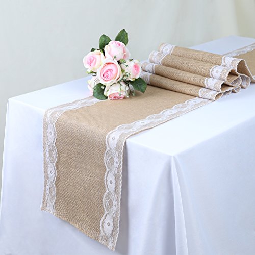 TRLYC Pack of 10 Handmade Burlap Table Runners Vintage Wedding Table Runners with Country Cream LaceRustic Table Decor12X108 Inch
