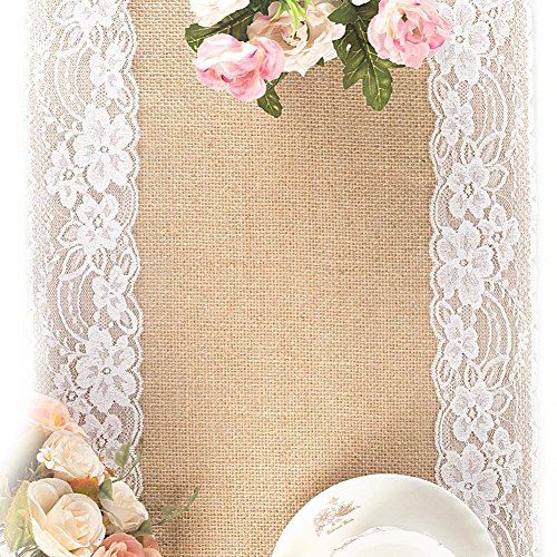 Tebery 2 Pack Lace Natural Jute Burlap Hessian Table Runner Country Outdoor Wedding Party and Farmhouse Decoration12 x 108