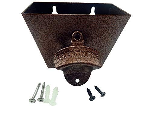 Bottle Opener Cast Iron Wall Mount and Stainless Steel Cap Catcher with Screws  OPEN HERE Classic Mounted Vintage Style Home Bartender Restaurant Decor