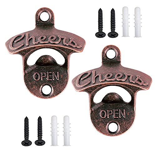 OURIZE 2Pcs Wall Mounted Bottle Opener Antique Metal Beer Bottle Top Openers Hardware With Mount Screws Set Suitable for Outdoor Rustic Cabinet Vintage Bar