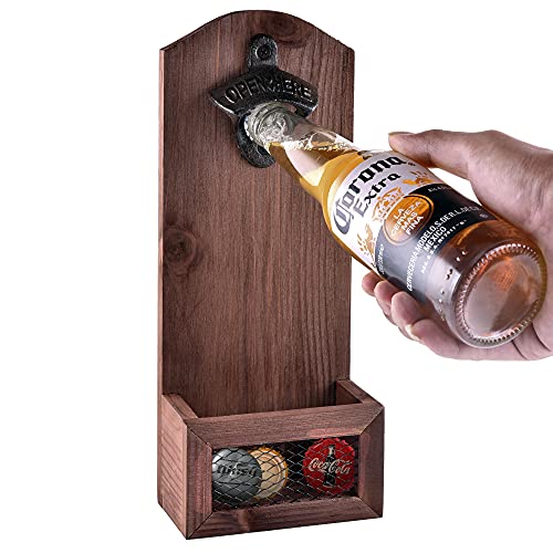 Siveit Wooden Bottle Opener with Cap Collector Catcher Vintage Wood Wall Mounted Beer Bottle Opener Ideal Gift for Men and Beer Lovers Bar Decoration Opener
