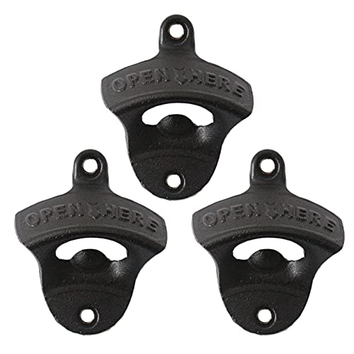 Stationary Black Cast Iron Beer Bottle Opener Wall Mounted Rustic with Mounting Screws (Pack of 3 )