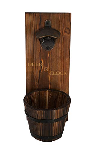 Thirsty Solutions  Beer O Clock Rustic Wall Mounted Bottle Opener and Catcher  Dark Stain Pine with Zinc Alloy Opener  Removable Wooden Bucket  Man (or Woman) Cave Ready