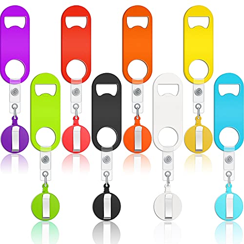 8 Pieces Flat Bottle Opener Retractable Beer Opener Bartender Beer Bottle Opener Mini Bottle Opener and 8 Pieces Round Badge Reel Badge Clips Holder for Kitchen Restaurant Home Anniversaries Supplies