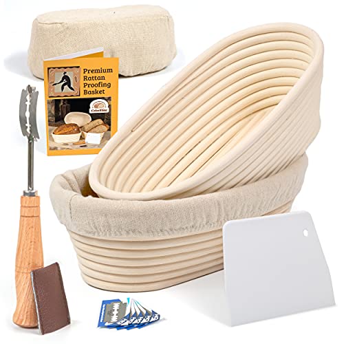 10 Inch Oval Bread Banneton Proofing Basket with Liner Cloth Set of 2  Premium Bread Lame and Slashing Scraper the ideal Baking Bowl for Sourdough and Yeast Bread Dough by Criss Elite