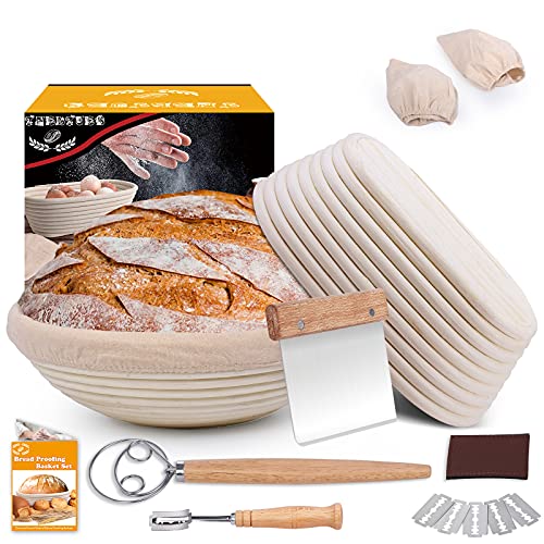 Bread Banneton Proofing Basket Set 10 Inch Round  96 Inch Oval Bread Proofing Basket Natural Rattan Banneton for Sourdough with Dough Whisk  Dough Scraper  Bread Lame  Cloth Liner