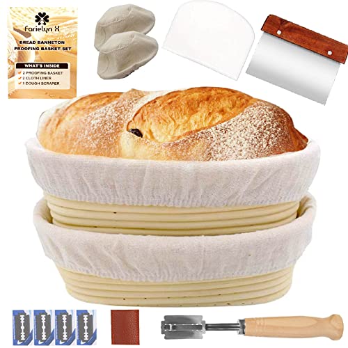 FarielynX 2 Packs 10 Inch Oval Shaped Bread Banneton Proofing Basket  Baking Dough Bowl Gifts for Bakers Proving Baskets for Sourdough Lame Bread Slashing Scraper Tool Starter Jar Proofing Box