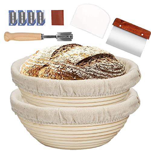 FarielynX 2 Packs 9 Inch Bread Banneton Proofing Basket  Baking Dough Bowl Gifts for Bakers Proving Baskets for Sourdough Lame Bread Slashing Scraper Tool Starter Jar Proofing Box