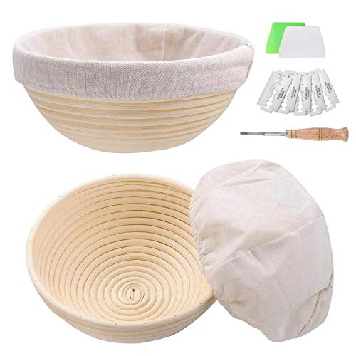 Set of 2 9 inch Round Bread Proofing Baskets Natural Rattan Banneton Sourdough Rising Bowl Basket with Dough Scraper  Bread Lame  Cloth Liner for Bakery Home Bakers