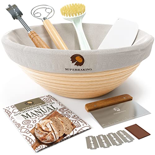 Superbaking Banneton Bread Proofing Basket Set Round 9 Sourdough Proofing Basket for Bread Making Tools Supplies Banneton Basket Sourdough Bread Baking Supplies Artisan Bread Kit Gifts for Bakers