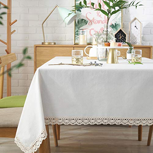 Amzali Classic Cotton Linen Lace Tablecloth DustProof Table Cover for Kitchen Dinner Picnic Tabletop Home Decoration (RectangleOblong 55 x 98 InchCream White)
