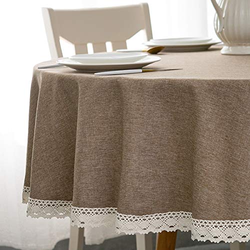 EHouseHome Faux Linen Tablecloth with Lace Trim  WaterproofSpill ProofStain ResistantWrinkle FreeOil Proof  for Banquet Parties DinnerKitchenWeddingCoffeeHolidayFlaxRound 70Inch