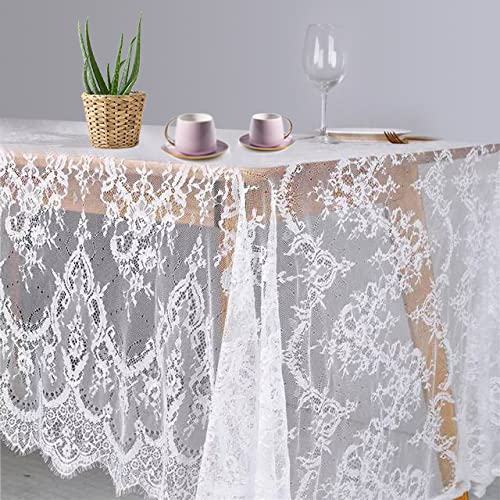 WhiteLaceTablecloth Eyelash Lace Tablecloth 60x120Inch Bridal Mesh Fabric Embroidered Tulle Table Cloth Wedding Overlay Table Linen Corded Lace Fabric (White Classic)