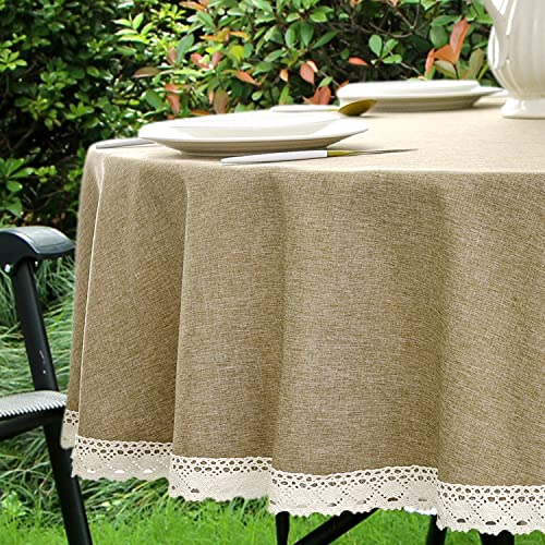 YoungSeaHome Faux Linen Tablecloth with Lace Trim  WaterproofSpill ProofStain ResistantWrinkle FreeOil Proof  for Banquet PartiesDinnerKitchenWeddingHolidayFlaxRound 60inch