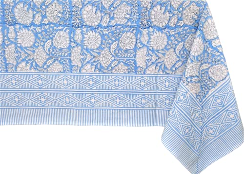 ATOSII Azora Blue 100 Cotton Rectangle Fall Tablecloth Handblock Floral Linen Table Cloth for Kitchen Dining Table I Parties Wedding Christmas Thanksgiving I Fall Decor (60 X 108 Inches)