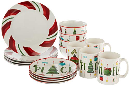 American Atelier Holiday Dinnerware Set  16Piece ChristmasThemed Stoneware Dinner Party Collection w 4 Dinner Plates 4 Salad Plates 4 Bowls  4 Mugs  Unique Gift Idea for Christmas or Birthday