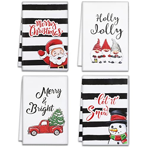 Christmas Kitchen Towels Holiday Merry Bright Gnome Xmas Dish Towels Let It Snow Christmas Holly Jolly Decor Black White Stripe Dishcloths Farmhouse Winter Decor for Cooking Baking Cleaning Set of 4