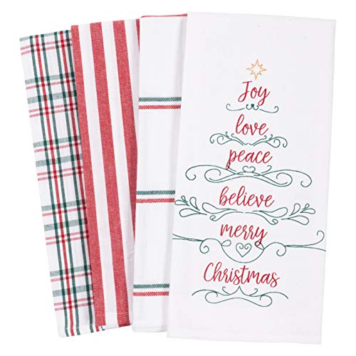 Pantry Kitchen Holiday Dish Towel Set of 4 100Percent Cotton 18 x 28inch (Joy Love Peace Believe Merry Christmas Tree)