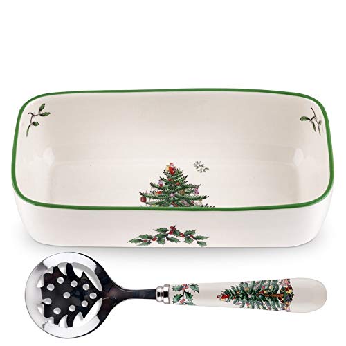 Spode Christmas Tree Design Cranberry Bowl with Slotted Spoon White Porcelain