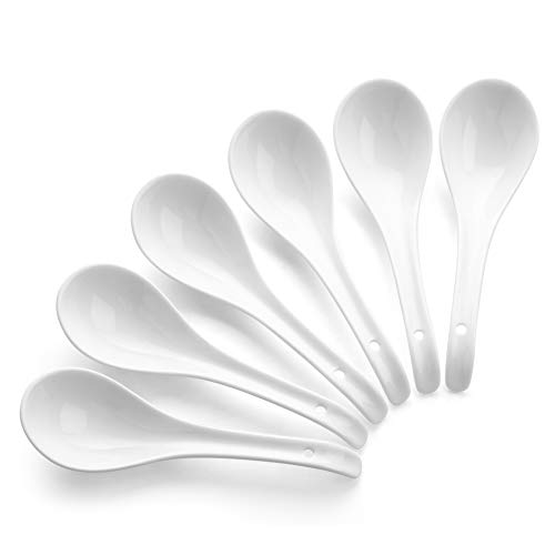 DOWAN Soup Spoons Ceramic Chinese Soup Spoons Asian Soup Spoons White Japanese Spoon Large for Ramen Pho Wonton Dumpling Miso Set of 6