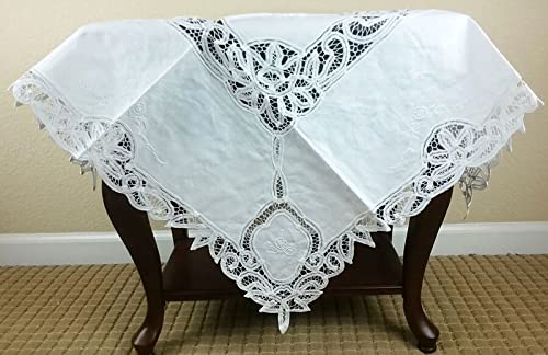 Artificial Garden White Cotton Handmade Embroidered Battenburg Lace 33 Square Tablecloth Elegant Washable Table Cloth Decorative Fabric Table Cover for Dining Table Buffet Parties