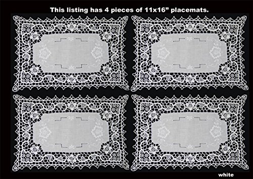 Creative Linens 4PCS Handmade Reticella Lace Needle Lace Placemats 11x16 White Set of 4 Pieces Hand Embroidery