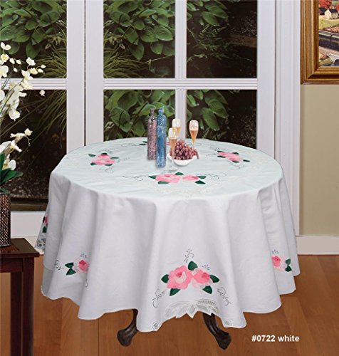 Creative Linens Battenburg Lace Tablecloth 68 Round with Hand Applique Roses  White 100 Cotton
