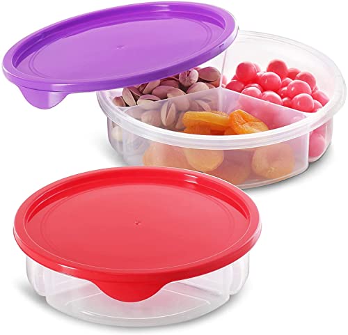 Zilpoo 2 Pack  3 Compartment Round Plastic Food Storage Container with Lid Divided Kids Lunch Box Candy and Nut Serving tray w Cover Keto Snack Plate Arts Crafts Organizer Holder 7Inch