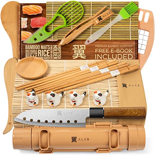 Alas Sushi Making Kit Complete Sushi Making Kit for Beginners  Pros Sushi Makers Perfect Sushi Making Kitchen Accessories Like Sushi Knife 2 Sushi Mats Rice Bazooka Dipping Plate  More