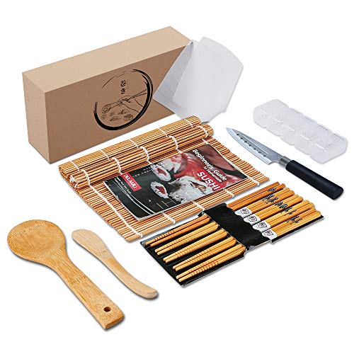 Delamu Sushi Making Kit Bamboo Sushi Mats With Sushi Knife Sushi Rolling Mat including 2 Bamboo Sushi Mats 2 Temaki Rollers 1 Rice Mold 5 Chopsticks 1 Rice Spreader 1 Rice Paddle 1 Guide Book