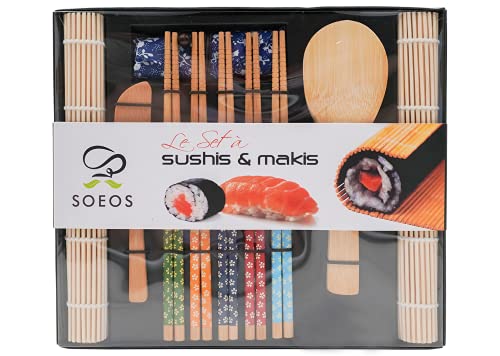 Soeos Beginner Sushi Making Kit 10 Piece Bamboo Sushi Kit with 2 Bamboo Rolling Mats 5 Pairs Chopsticks Paddle and Spreader All Natural Sushi Making Kit Gift Set Sushi Maker Kit Sushi Maker