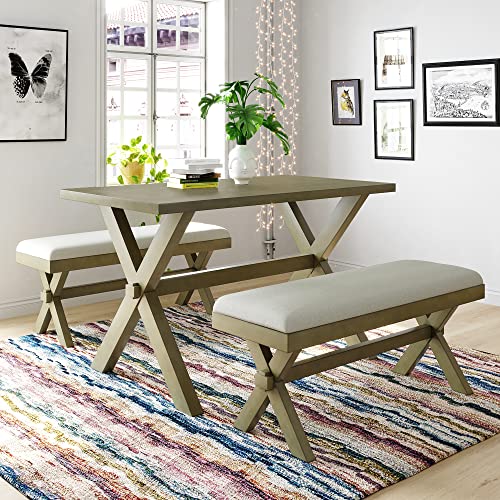 Harper  Bright Designs 3Piece Wood Dining Table Set Farmhouse Rustic Kitchen Dining Table with 2 Upholstered Benches Gray Green
