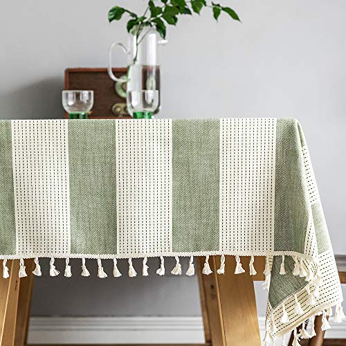 TruDelve Heavy Duty Cotton Linen Tablecloth for Rectangle Table Stitching Tassel Table Cloth for Dining Table DustProof Table Cover for Tabletop Decoration (55x98 Green)