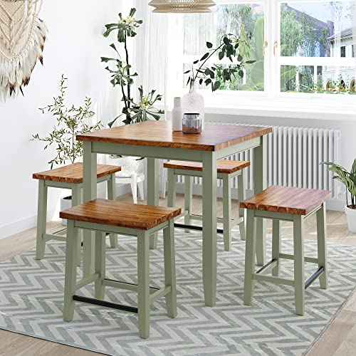 XD Designs Farmhouse 5Piece Dining Table Set Solid Wood Counter Height Dining Furniture with 4 SaddleSeat Stools Rustic Bar Table Set for Home Kitchen Bistro Green