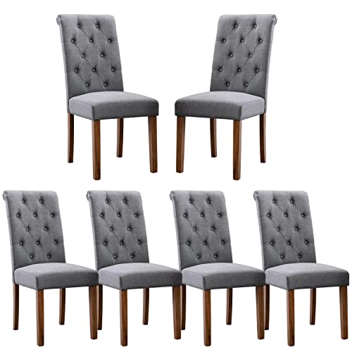 COLAMY Button Tufted Dining Chairs Set of 6 Accent Parsons Diner Chair Upholstered Fabric Dining Room Chairs Stylish Kitchen Chairs with Solid Wood Legs and Padded Seat  Grey