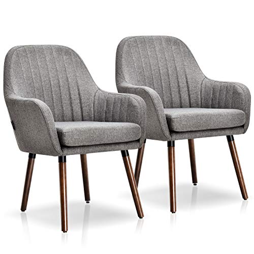 Giantex Set of 2 Fabric Dining Chairs Accent Upholstered Arm Chair wWood Legs Thick Sponge Seat NonSlipping Pads Modern Leisure Chair for Dining Room Living Room Bedroom (2 Grey)