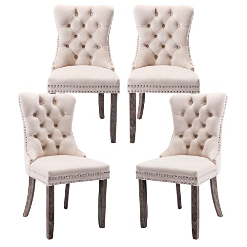 Kiztir Velvet Upholstered Dining Chairs Set of 4 Wingback Dining Room Chairs with Ring Pull Trim and Button Back Luxury Tufted Dining Chair for Living Room Bedroom Kitchen (Beige)