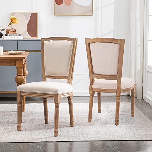 XRHOM Dining Chairs Set of 2 French Country Dining Room Chairs Farmhouse Upholstered Chair with Ladder Backrest Carving Rubberwood Solid Legs Chair for Living Room Bedroom KitchenBeige
