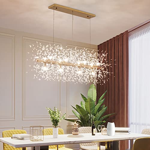 12Light Crystal Firework Chandelier Modern Dining Room Lighting Fixtures Hanging Gold Metal Firework Ceiling Light Fixture for Dining Room Living Room