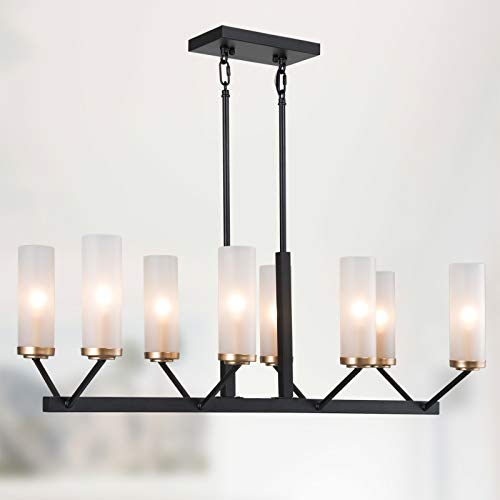 Black Gold Chandelier 8Light Modern Farmhouse Chandelier for Dining Room 315 Linear Island Lights for Kitchen Frosted Glass Shades