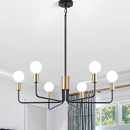 MRHYSWD Black and Gold Chandelier for Dining Room Light Fixture 6 Light Industrial Iron Mid Century Large Chandeliers Farmhouse Pendant Lighting for Kitchen Island Foyer Living Room Bedroom Hallway