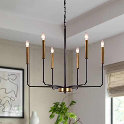 Modern Farmhouse Chandelier for Dining Room ZCHAOZ 6 Lights Chandelier Light Fixture Adjustable Height Black and Gold Hanging Candle Pendant Lighting for Kitchen Island Living Room Bedroom Foyer