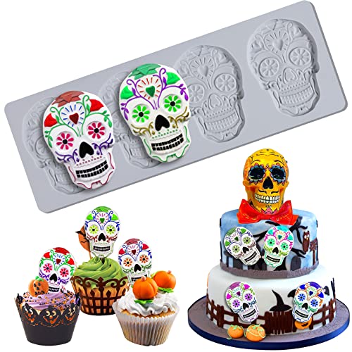 AIERSA Skull Silicone MoldsSkull Fondant Molds for Cake Decorating 4 Cavity Skull Mold for Sugar Gum Paste Candy Chocolate Craft Edible Halloween Cake Cupcake Decorations