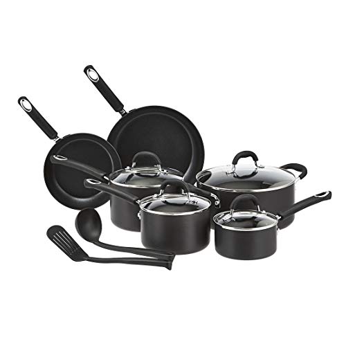 Amazon Basics Hard Anodized NonStick 12Piece Cookware Set Black  Pots Pans and Utensils